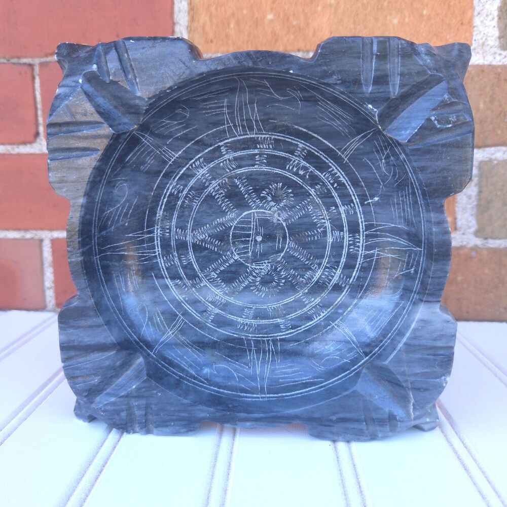 Vintage Mexican Carved Stone Ashtray 6.5" Aztec MCM Marble Onyx Catchall Dish